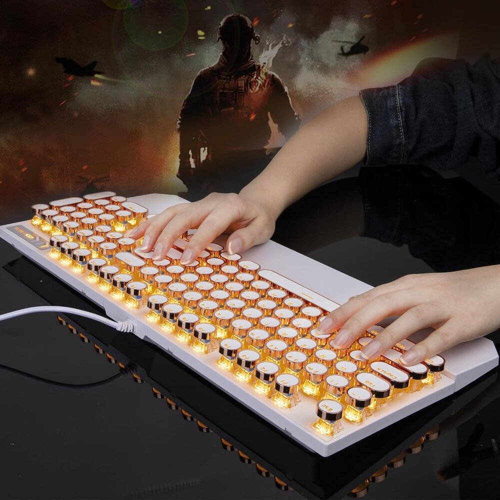 Typewriter Style Mechanical Keyboard, Retro Punk Gaming Keyboard with Gold LED B - Picture 7 of 8